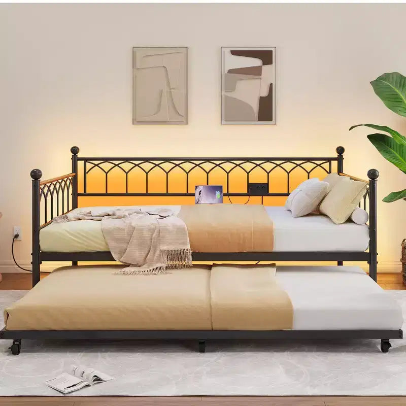 GustoWave Heavy Duty Metal Platform Sofa Bed Frame, with Charging Station and LED Lights