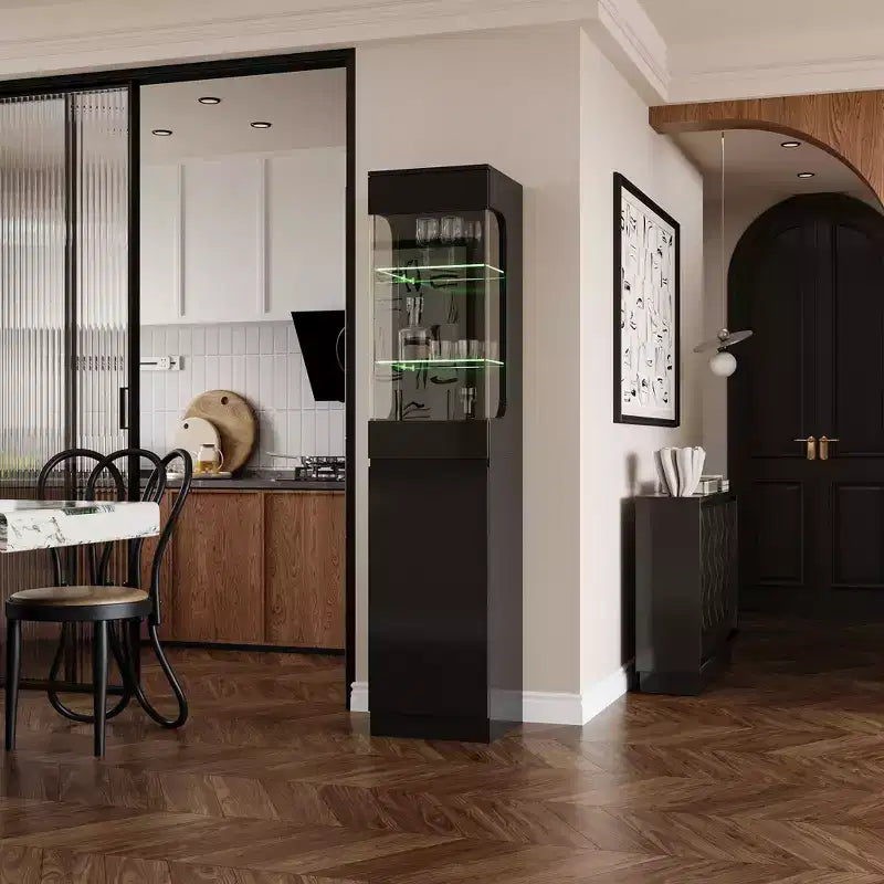 Famapy Armoire haute de présentation noire avec lumières LED - Rangement moderne pour verrerie et objets de décoration