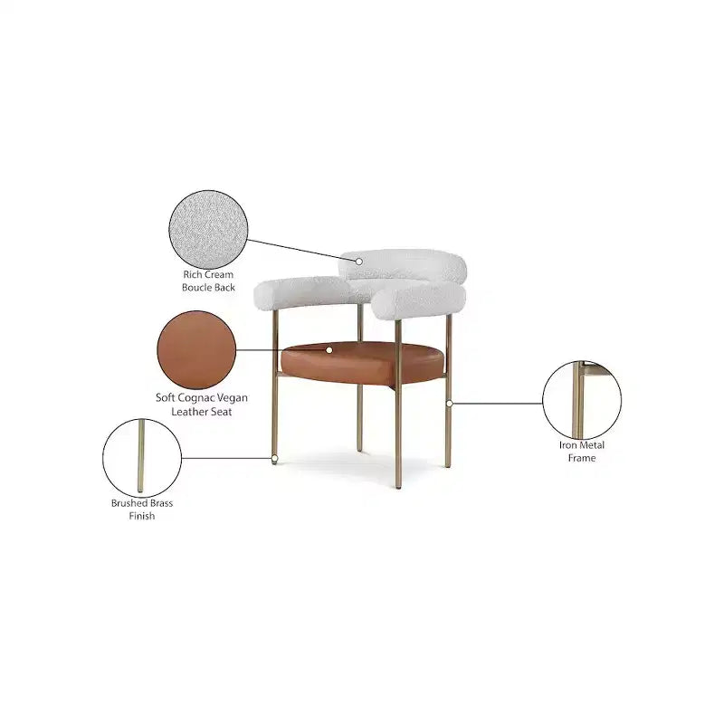 Meridian Furniture, Chaises de salle à manger Blake en cuir végétalien cognac / tissu bouclé, lot de 2