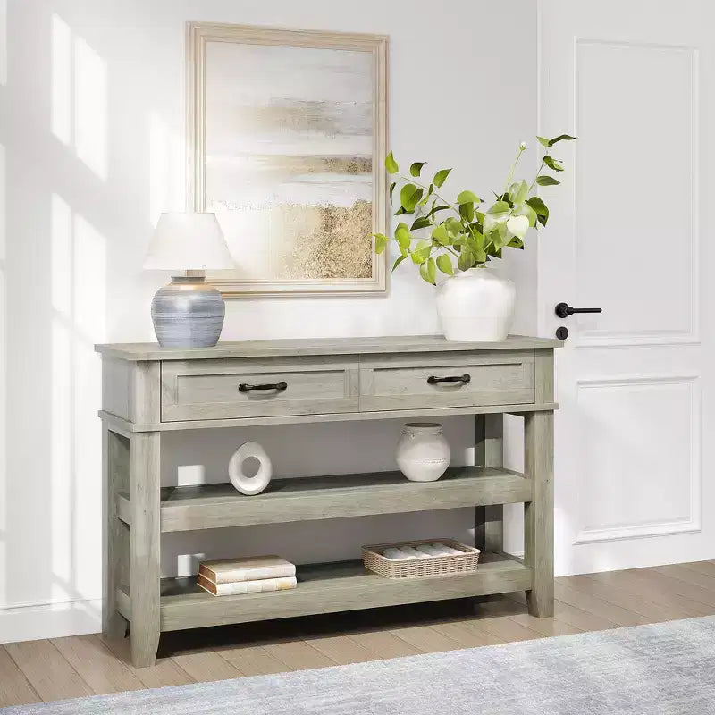 Farmhouse Entryway Table, Console Table with 2 Storage Drawers, 3 Tier Farmhouse Wooden Sofa Table, Hallway Table for Entryway, Living Room-Grey