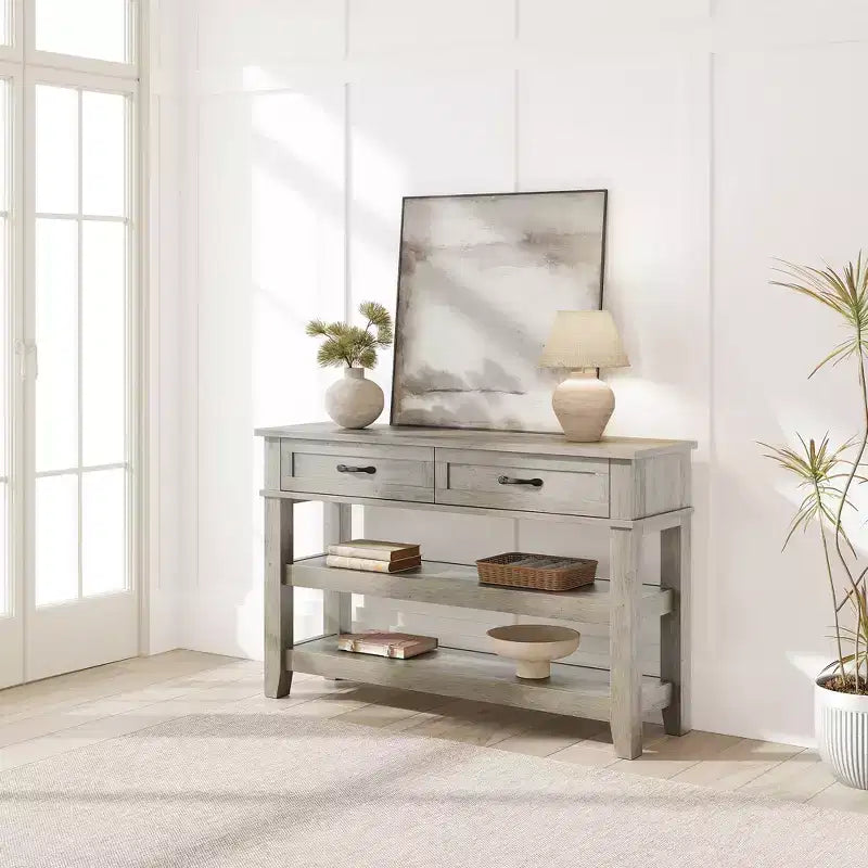 Table de console d'entrée de ferme, Table d'appoint avec 2 tiroirs de rangement, Table de canapé en bois de ferme à 3 niveaux, Table de couloir pour entrée, salon-Gris