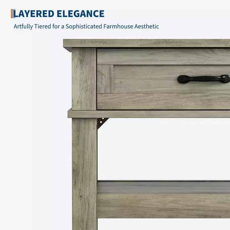 Table de console d'entrée de ferme, Table d'appoint avec 2 tiroirs de rangement, Table de canapé en bois de ferme à 3 niveaux, Table de couloir pour entrée, salon-Gris