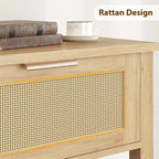 Console en rotin pour entrée, Table d'appoint bohème pour salon, Console avec 2 tiroirs, Table d'entrée en bois avec rangement