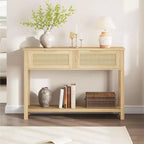 Console en rotin pour entrée, Table d'appoint bohème pour salon, Console avec 2 tiroirs, Table d'entrée en bois avec rangement