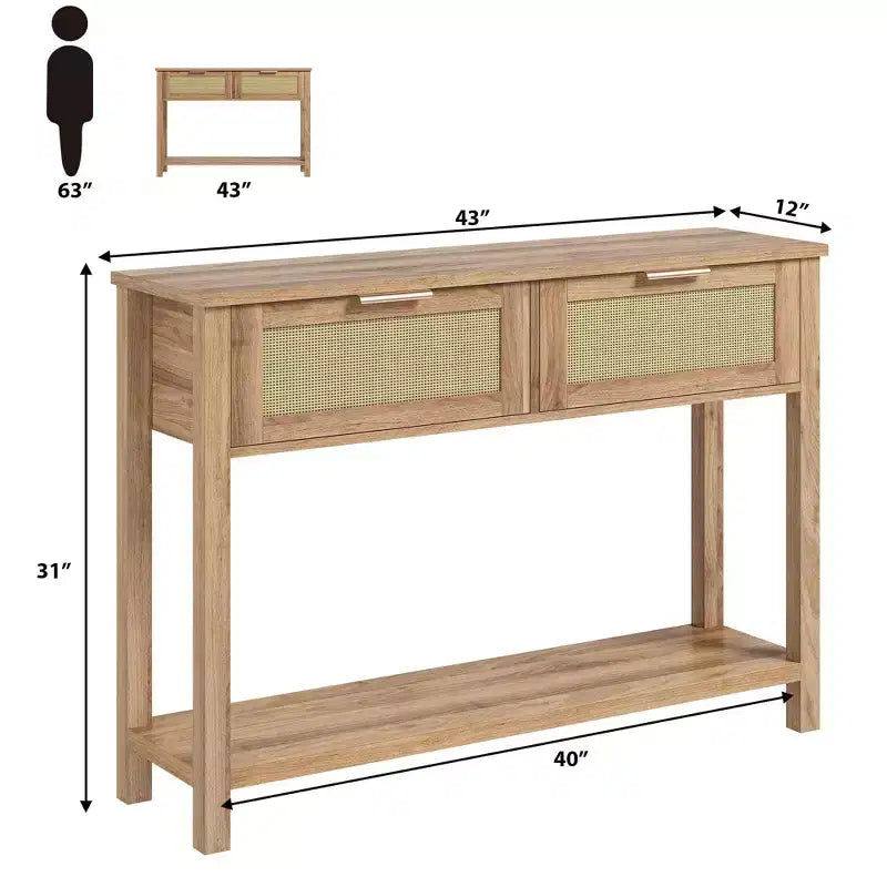 Console en rotin pour entrée, Table d'appoint bohème pour salon, Console avec 2 tiroirs, Table d'entrée en bois avec rangement