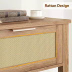 Console en rotin pour entrée, Table d'appoint bohème pour salon, Console avec 2 tiroirs, Table d'entrée en bois avec rangement
