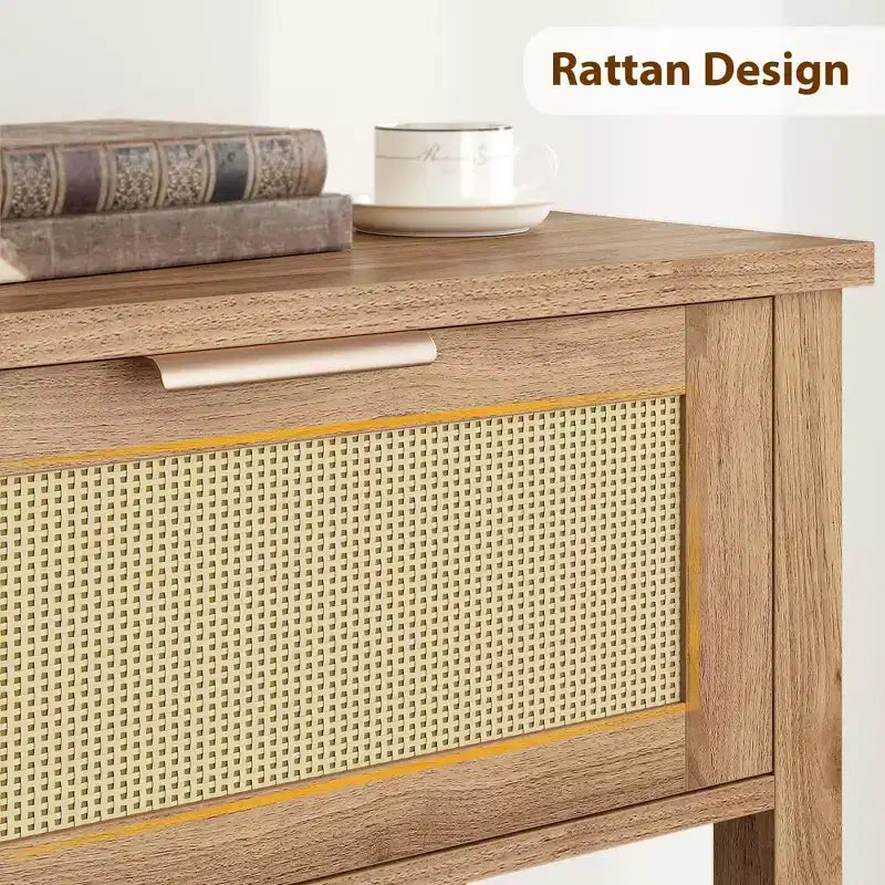 Console en rotin pour entrée, Table d'appoint bohème pour salon, Console avec 2 tiroirs, Table d'entrée en bois avec rangement