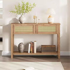 Console en rotin pour entrée, Table d'appoint bohème pour salon, Console avec 2 tiroirs, Table d'entrée en bois avec rangement