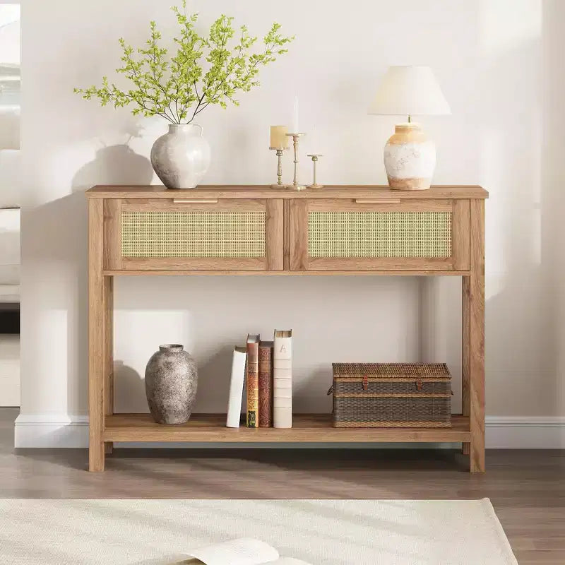 Console en rotin pour entrée, Table d'appoint bohème pour salon, Console avec 2 tiroirs, Table d'entrée en bois avec rangement