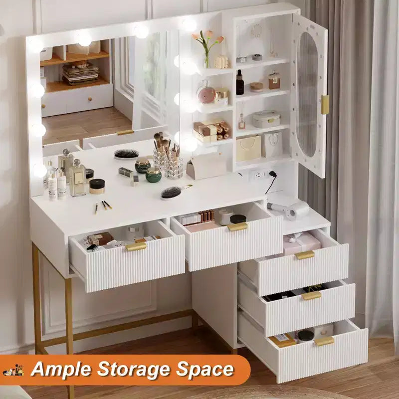 Coiffeuse moderne GustoWave avec miroir, lumières intégrées, 5 tiroirs, prise de courant, coiffeuse pour chambre, blanc et or