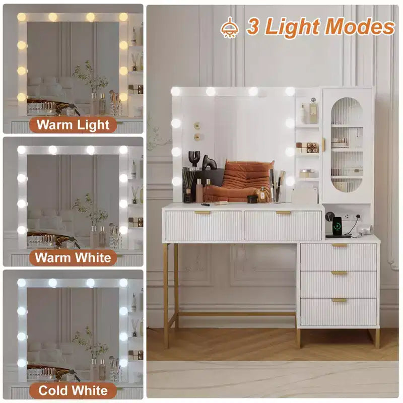 Coiffeuse moderne GustoWave avec miroir, lumières intégrées, 5 tiroirs, prise de courant, coiffeuse pour chambre, blanc et or