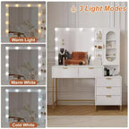 Coiffeuse moderne GustoWave avec miroir, lumières intégrées, 5 tiroirs, prise de courant, coiffeuse pour chambre, blanc et or