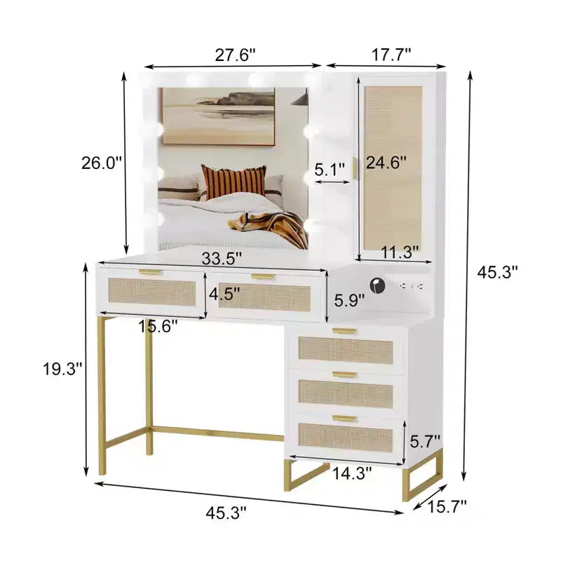 Coiffeuse moderne GustoWave avec miroir, lumières intégrées, 5 tiroirs, prise de courant, coiffeuse pour chambre, blanc et or