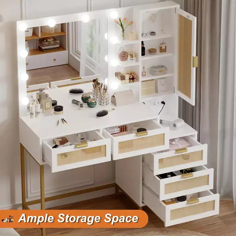Coiffeuse moderne GustoWave avec miroir, lumières intégrées, 5 tiroirs, prise de courant, coiffeuse pour chambre, blanc et or