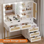 Coiffeuse moderne GustoWave avec miroir, lumières intégrées, 5 tiroirs, prise de courant, coiffeuse pour chambre, blanc et or