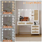 Coiffeuse moderne GustoWave avec miroir, lumières intégrées, 5 tiroirs, prise de courant, coiffeuse pour chambre, blanc et or