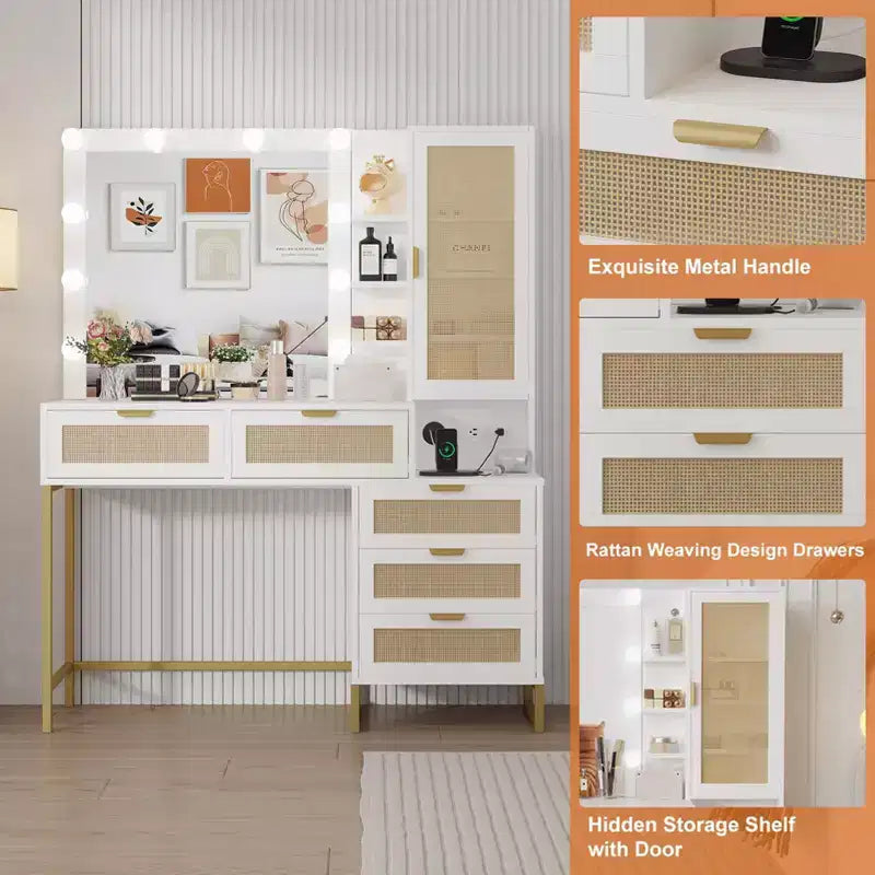 Coiffeuse moderne GustoWave avec miroir, lumières intégrées, 5 tiroirs, prise de courant, coiffeuse pour chambre, blanc et or
