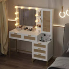 Coiffeuse moderne GustoWave avec miroir, lumières intégrées, 5 tiroirs, prise de courant, coiffeuse pour chambre, blanc et or
