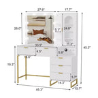 Coiffeuse moderne GustoWave avec miroir, lumières intégrées, 5 tiroirs, prise de courant, coiffeuse pour chambre, blanc et or