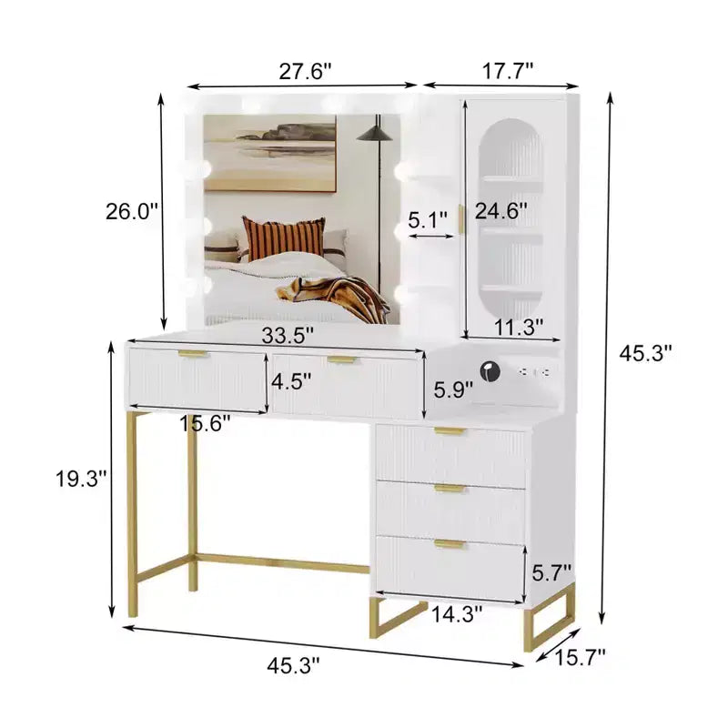 Coiffeuse moderne GustoWave avec miroir, lumières intégrées, 5 tiroirs, prise de courant, coiffeuse pour chambre, blanc et or