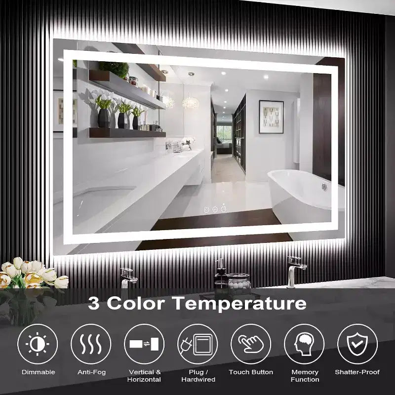 Miroir de salle de bain LED avec lumières, miroir de courtoisie éclairé par l'avant et par l'arrière, gradateur progressif, anti-buée, 3 températures de couleur, conception incassable