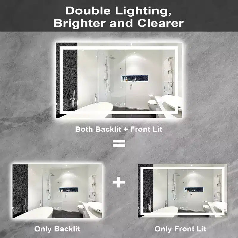 Miroir de salle de bain LED avec lumières, miroir de courtoisie éclairé par l'avant et par l'arrière, gradateur progressif, anti-buée, 3 températures de couleur, conception incassable