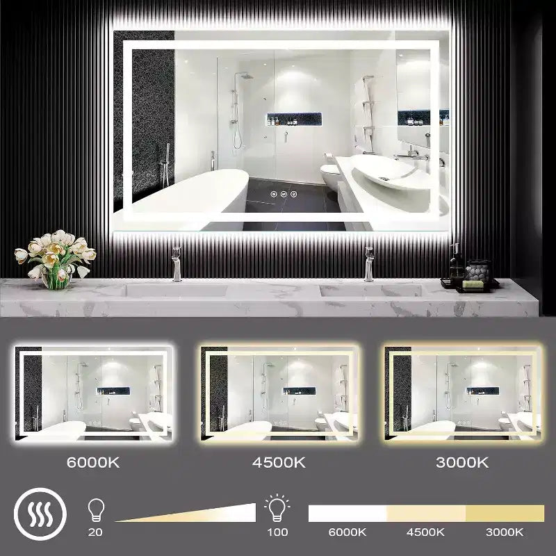 Miroir de salle de bain LED avec lumières, miroir de courtoisie éclairé par l'avant et par l'arrière, gradateur progressif, anti-buée, 3 températures de couleur, conception incassable