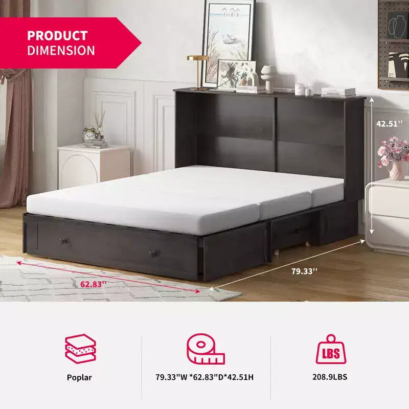Mjkone Lit Escamotable Queen Size avec Matelas, Lit-Coffre avec Station de Recharge USB, Tiroirs