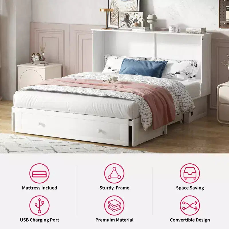 Mjkone Lit Escamotable Queen Size avec Matelas, Lit-Coffre avec Station de Recharge USB, Tiroirs