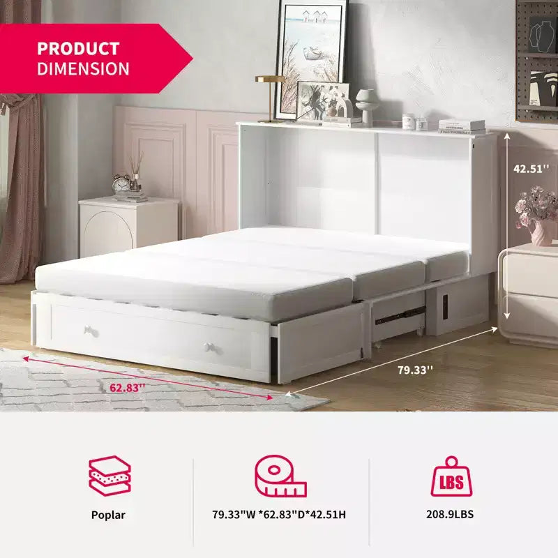 Mjkone Lit Escamotable Queen Size avec Matelas, Lit-Coffre avec Station de Recharge USB, Tiroirs