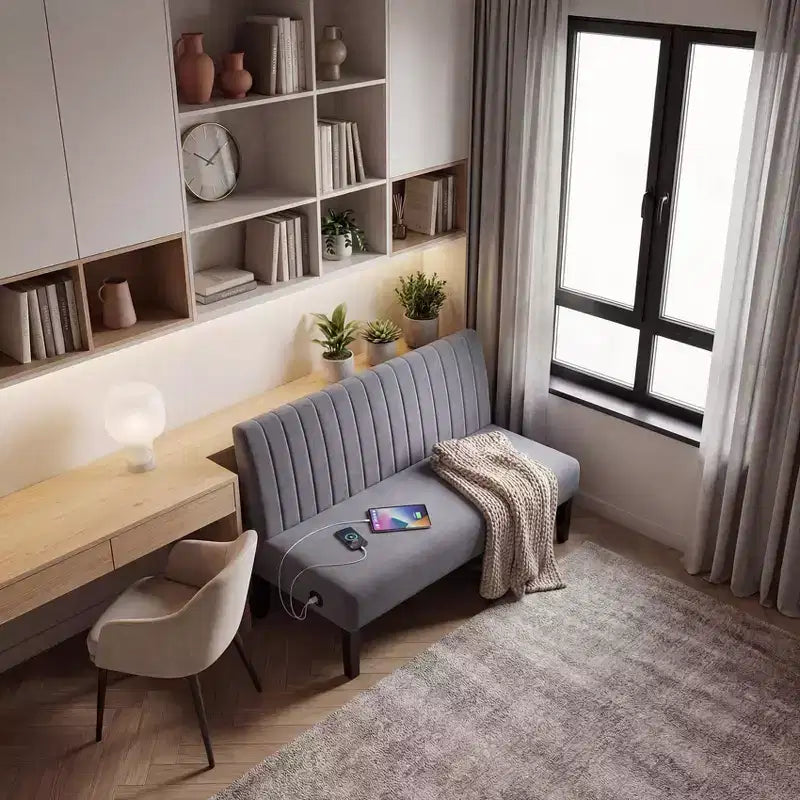 Canapé deux places sans accoudoirs TYBOATLE avec port USB, canapé en velours pour petits espaces, chambre, dortoir, bureau, salon