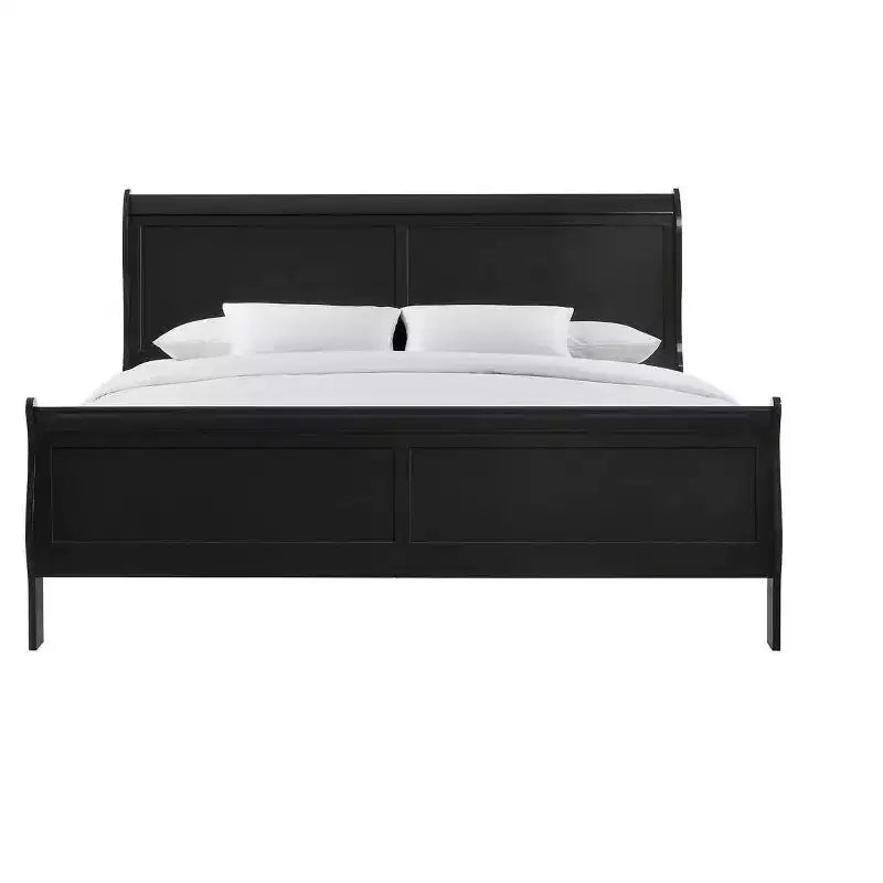 Okak 56 Lit traîneau pleine grandeur en bois massif avec tête et pied de lit, conception basse et sûre pour chambre d'enfant, noir