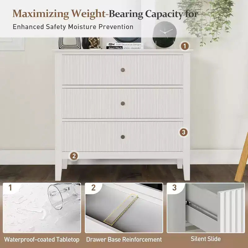 Commode moderne RoyalCraft à design cannelé avec 3 tiroirs pour rangement de chambre, blanc - Armoire de rangement et ensemble de meubles de chevet