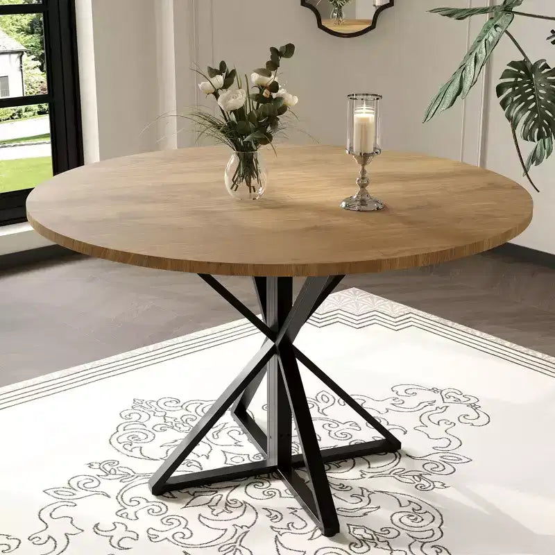 Table à manger ronde pour 4 personnes, table de salle à manger de 120 cm, table circulaire, table de salle à manger avec base en métal robuste, table de cuisine ronde pour salle à manger.