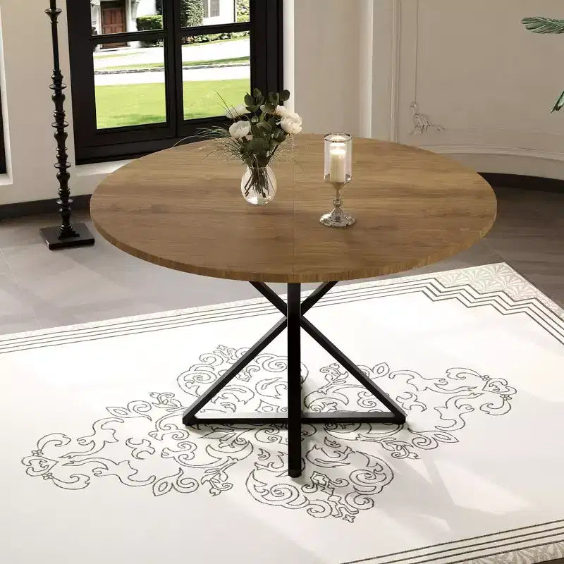 Table à manger ronde pour 4 personnes, table de salle à manger de 120 cm, table circulaire, table de salle à manger avec base en métal robuste, table de cuisine ronde pour salle à manger.