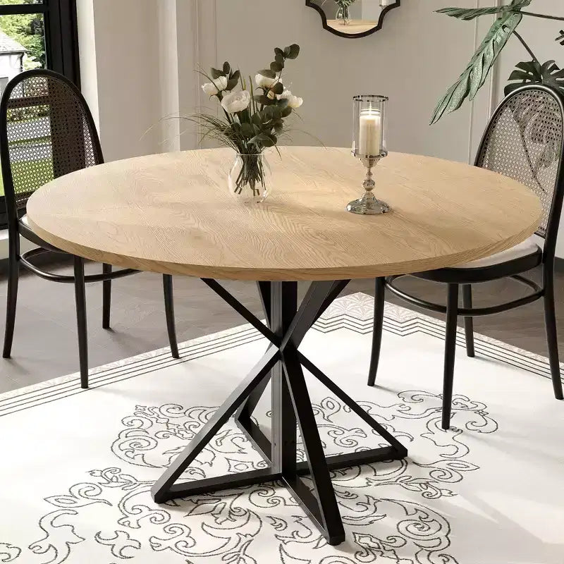 Table à manger ronde pour 4 personnes, table de salle à manger de 120 cm, table circulaire, table de salle à manger avec base en métal robuste, table de cuisine ronde pour salle à manger.