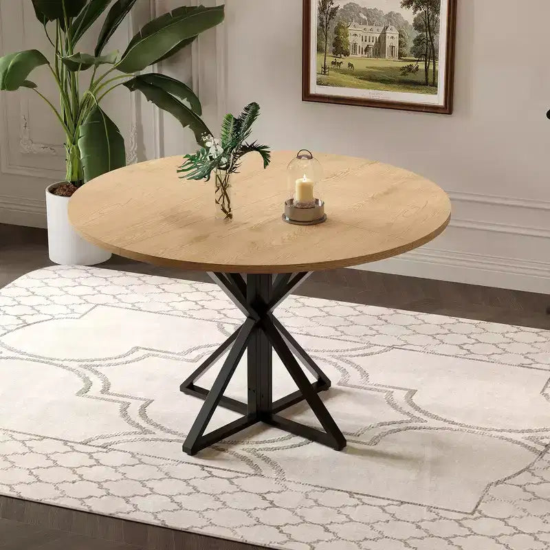 Table à manger ronde pour 4 personnes, table de salle à manger de 120 cm, table circulaire, table de salle à manger avec base en métal robuste, table de cuisine ronde pour salle à manger.
