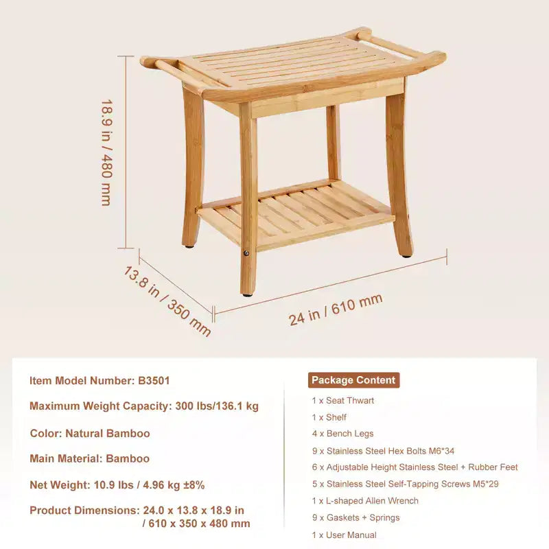 Banc de douche en bambou VEVOR, 61 x 35 x 48 cm, tabouret de douche étanche avec étagère de rangement et poignée, capacité de charge de 136 kg, bambou naturel