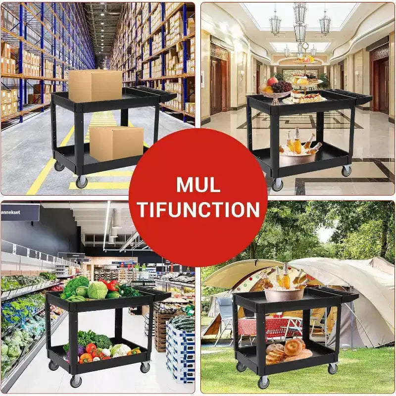 Chariot de service utilitaire à 2 étagères 227 kg, chariot à outils roulant robuste à 2 niveaux sur roues pour entrepôt, garage, cuisine, 4525