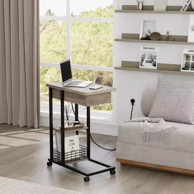 C Shaped Side Table with Charging Station, Flip Top Sofa End Table with USB Ports and Outlets, Narrow Side Table with 3 Tier Storage Shelf - Grey
