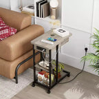 Table d'appoint en forme de C avec station de charge, Table d'appoint de canapé rabattable avec ports USB et prises, Table d'appoint étroite avec étagère de rangement à 3 niveaux - Gris