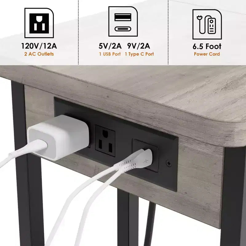 Table d'appoint en forme de C avec station de charge, Table d'appoint de canapé rabattable avec ports USB et prises, Table d'appoint étroite avec étagère de rangement à 3 niveaux - Gris