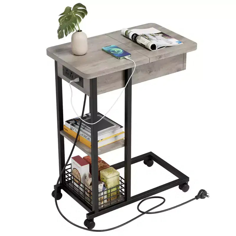 Table d'appoint en forme de C avec station de charge, Table d'appoint de canapé rabattable avec ports USB et prises, Table d'appoint étroite avec étagère de rangement à 3 niveaux - Gris