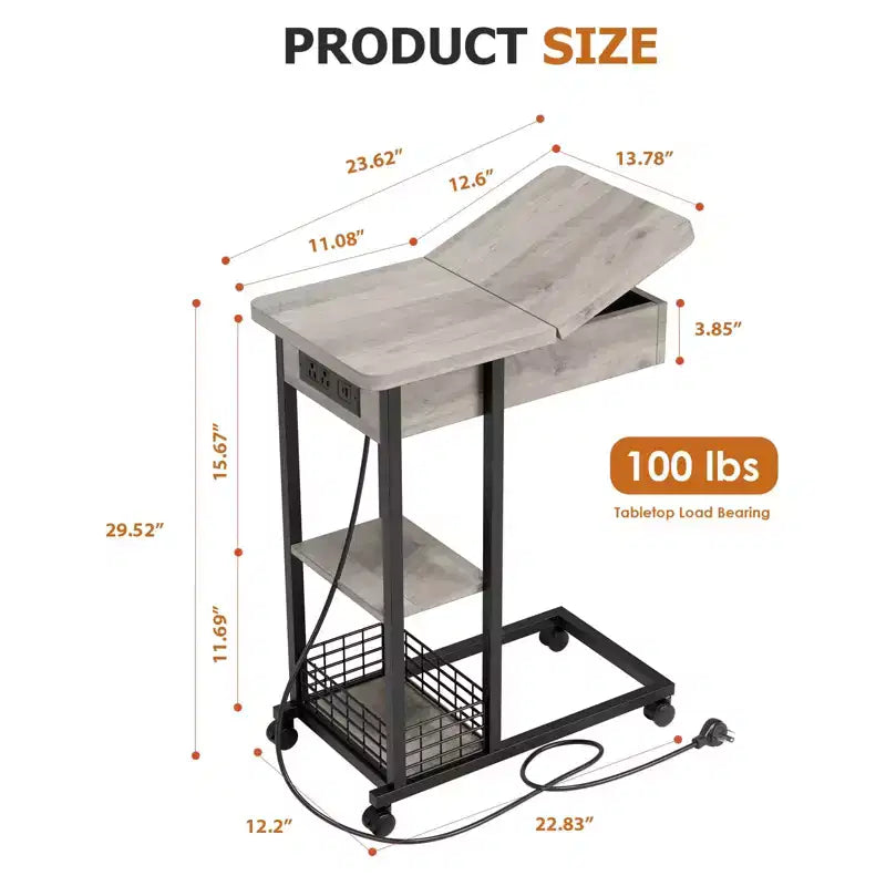 Table d'appoint en forme de C avec station de charge, Table d'appoint de canapé rabattable avec ports USB et prises, Table d'appoint étroite avec étagère de rangement à 3 niveaux - Gris