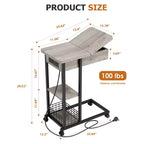 Table d'appoint en forme de C avec station de charge, Table d'appoint de canapé rabattable avec ports USB et prises, Table d'appoint étroite avec étagère de rangement à 3 niveaux - Gris