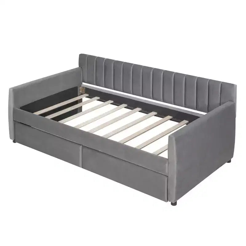 Lit de repos rembourré simple avec tiroirs, support à lattes en bois, gris