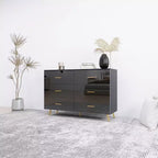 Commode à 6 tiroirs Okak avec poignées dorées et pieds en acier, grands tiroirs spacieux, meuble de rangement élégant pour l'organisation de la maison