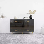 Commode à 6 tiroirs Okak avec poignées dorées et pieds en acier, grands tiroirs spacieux, meuble de rangement élégant pour l'organisation de la maison