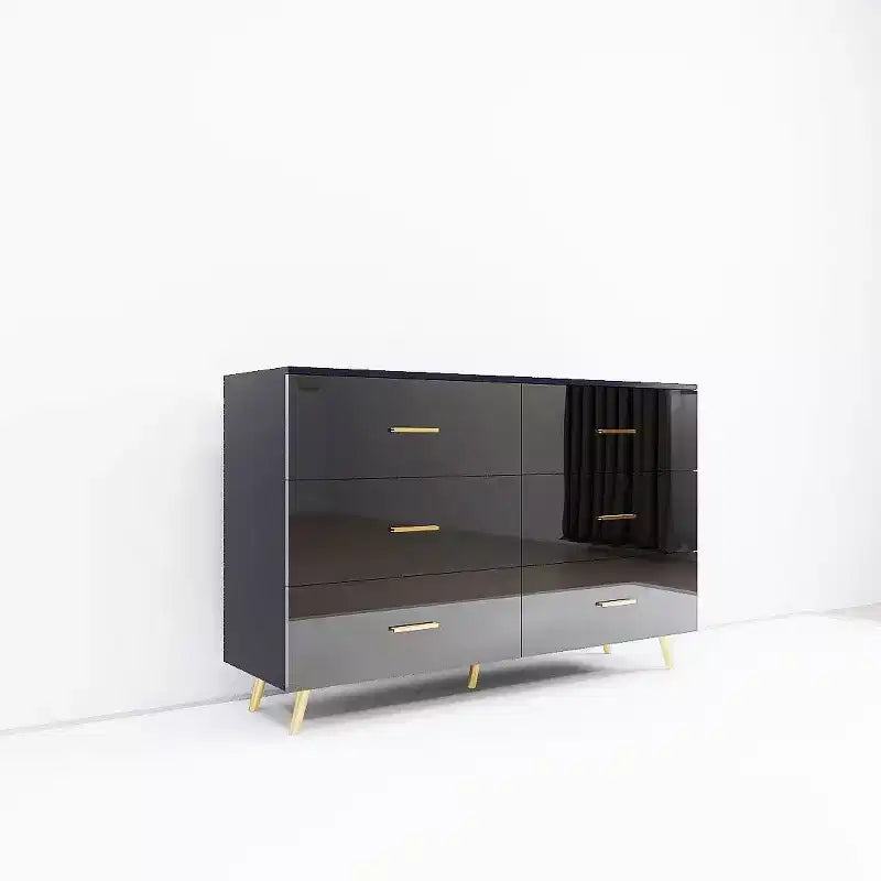 Commode à 6 tiroirs Okak avec poignées dorées et pieds en acier, grands tiroirs spacieux, meuble de rangement élégant pour l'organisation de la maison