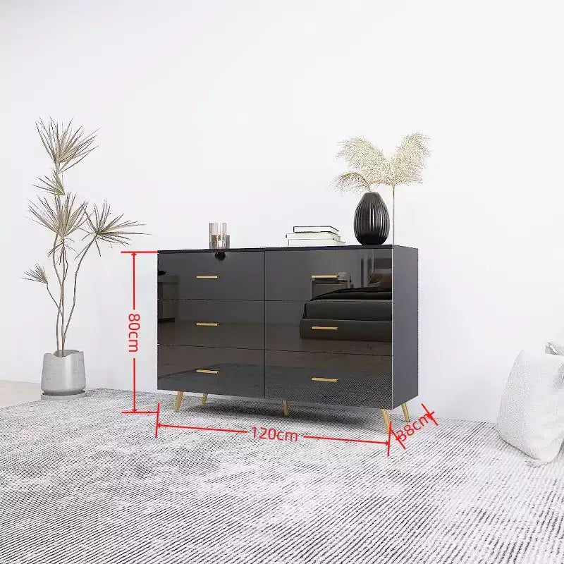 Commode à 6 tiroirs Okak avec poignées dorées et pieds en acier, grands tiroirs spacieux, meuble de rangement élégant pour l'organisation de la maison